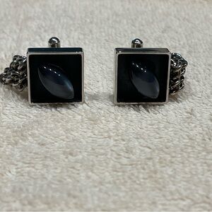 Vintage Men's Cuff Links Silver Tone Black Stone